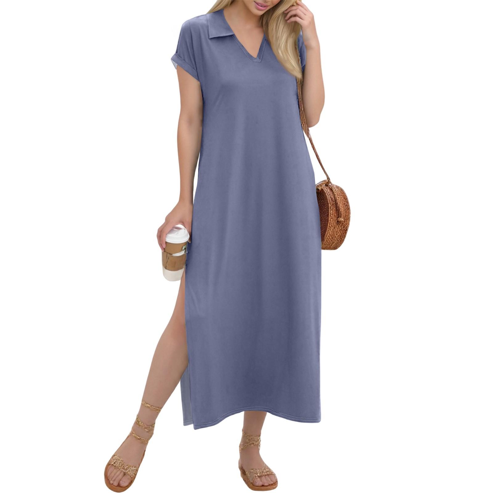 

Женское длинное платье-рубашка с V-образным вырезом, повседневное, с коротким рукавом и свободным разрезом XXL красный