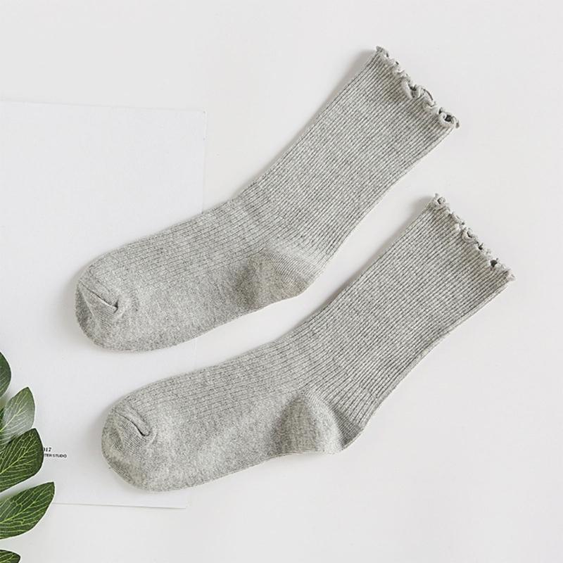 Ruffle Ankle Socks for Women Cotton Soft Solid Color Ribbed Knitted Lettuces Edge Low Cut Middle Tube Frilly Crew Socks