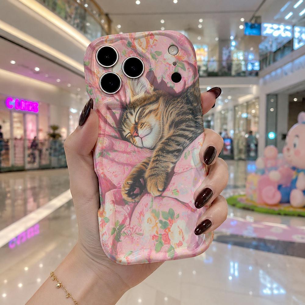 Sleep Tabby Cat Floral Pillow Wavy Edge Phone Case For iPhone 16 15 14 Pro Max 13 12 11 Mini XR XS SE 2020 7 8 Air Cover