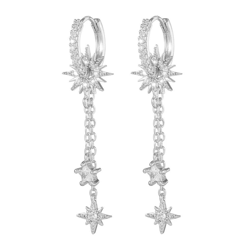 Vintage Stainless Steel Cubic Zirconia Sun Star Dangle Earrings Punk Rock Long Chain Huggies Earring Cartilage Piercing Jewelry