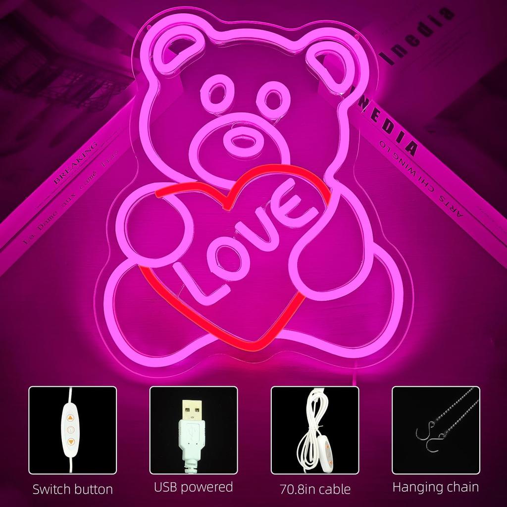 Valentines Day Neon Sign Valentines Teddy Bear Neon Signs for Wall Decor Dimmable Valentines Led Sign Bear Neon Lights for Bedroom Wedding
