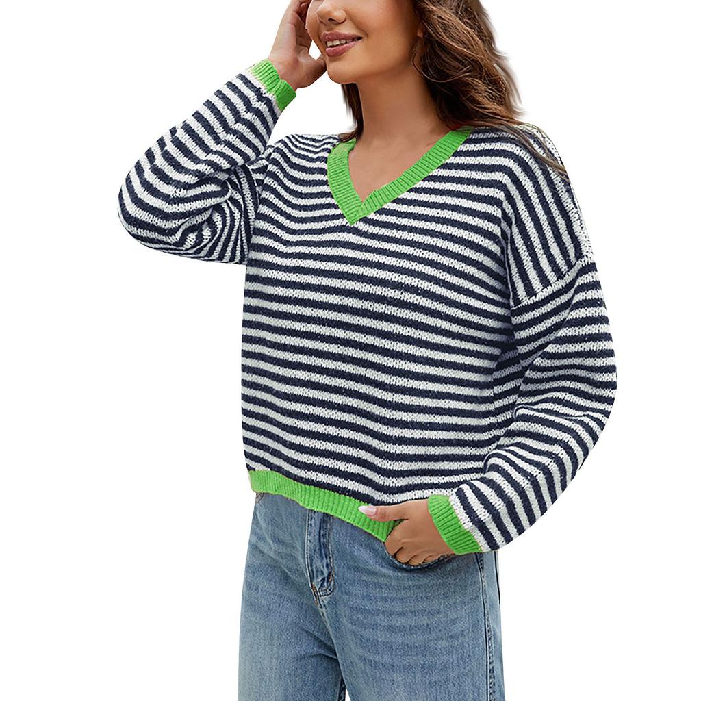Women's Fashion Casual Striped Pullover Sweater Autumn And Winter Color V-Neck Knitwear