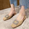 Fashion Luxury Rhinestone Buckle Slippers Woman Thick Low Heels Shoes Square Cover Toe Mules Femme Outside&House Slides Crystal Sandals
