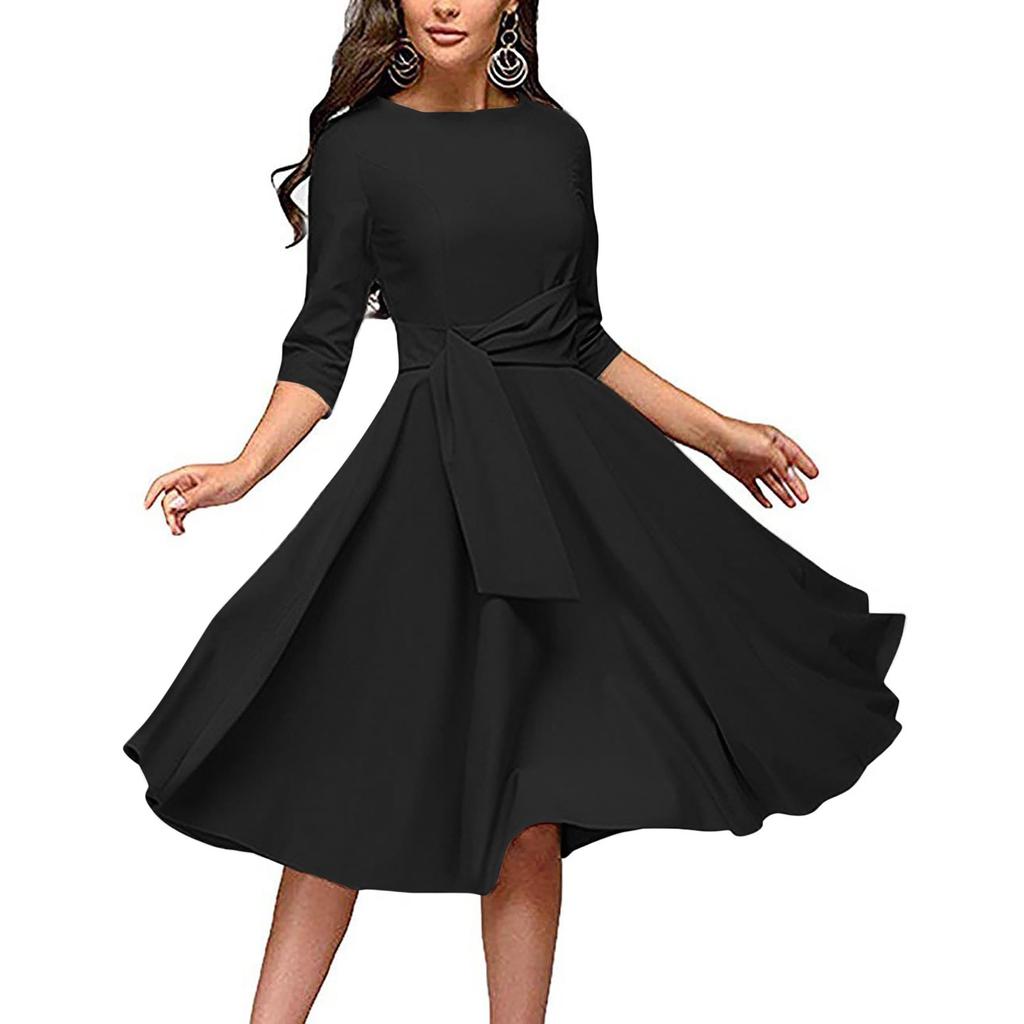 Womens Casual Temperament Fashion Color Mid Waist Elegant Dress