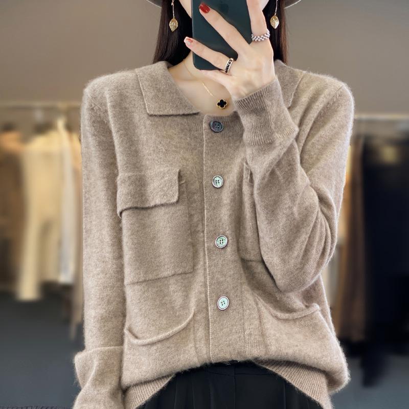 2023 Women's 100% Wool Lapel Cardigan: Year-Round Solid Color Cashmere Knit Sweater