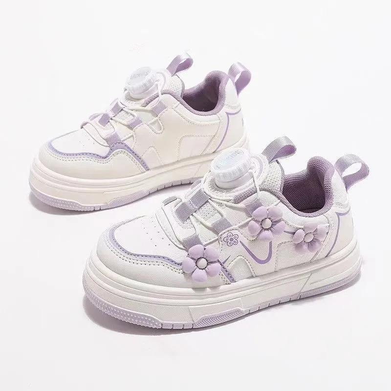 

Girls Princess Skate Shoes Rotating Button Non-slip Kids Casual Shoes with Flowers New Children Sports Shoes Sweet Soft 37