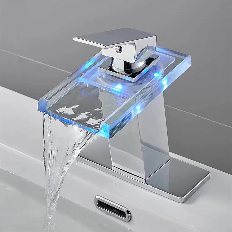 Basin Faucet Waterfall LED 3 Colors Glass Outlet Bathroom Battery Powered Basin Mixer Tap Chrome Deck Mounted Hot Cold Tap