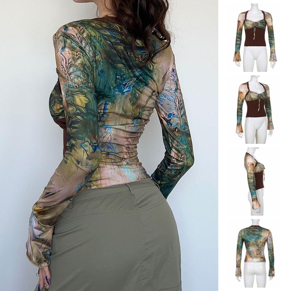 Pleated V-neck Printing Corset Long Sleeves Slim Crop Tops Transparent Flower T-shirt  Ladies