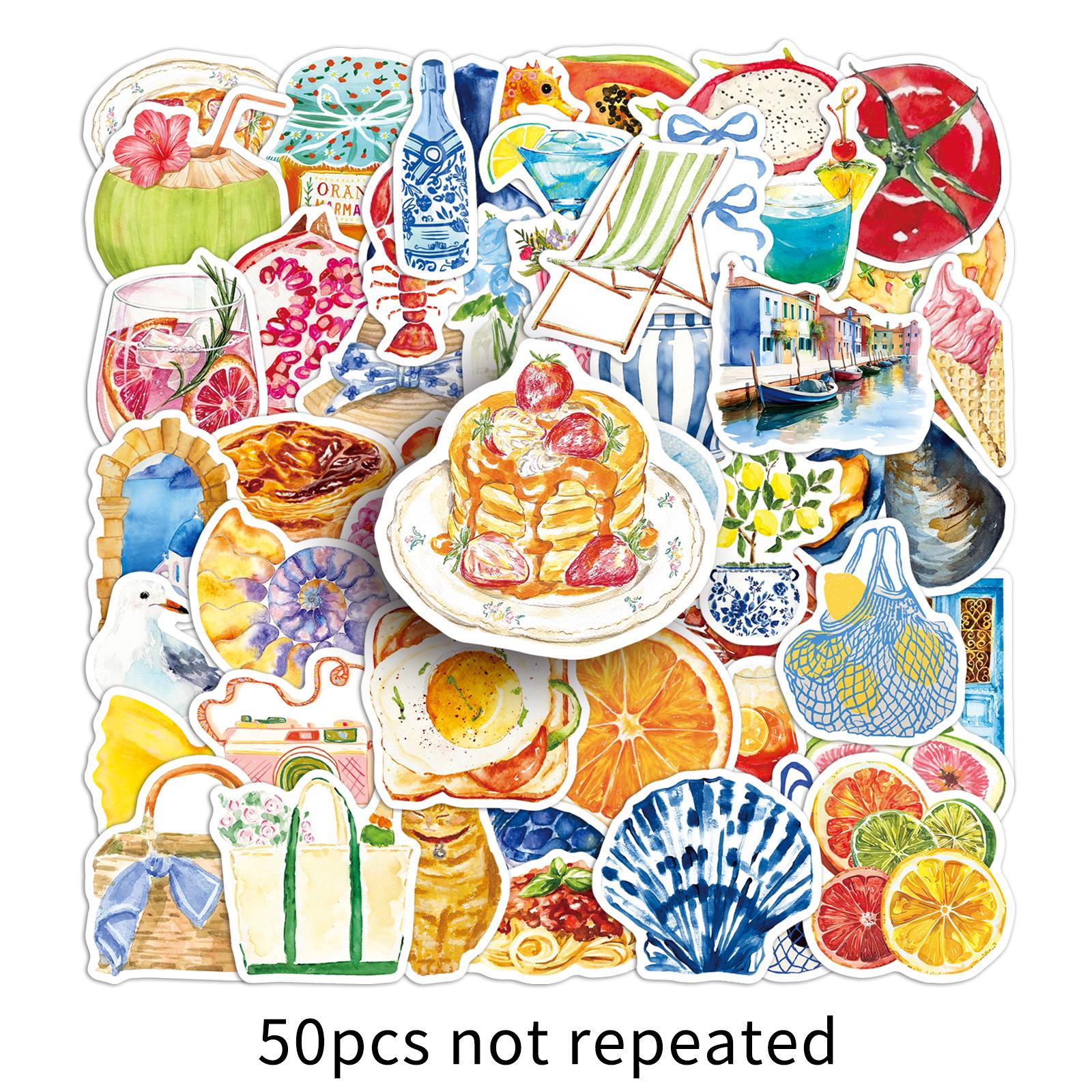 50 Mediterranean Aesthetic Cartoon Stickers for Luggage, Power Banks, and Refrigerators