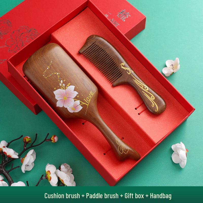 Golden Sandalwood Air Cushion Brush & Wood Comb Gift Set - Scalp Massage Hairdressing Comb for Women, Perfect Nurse's Day Gift.