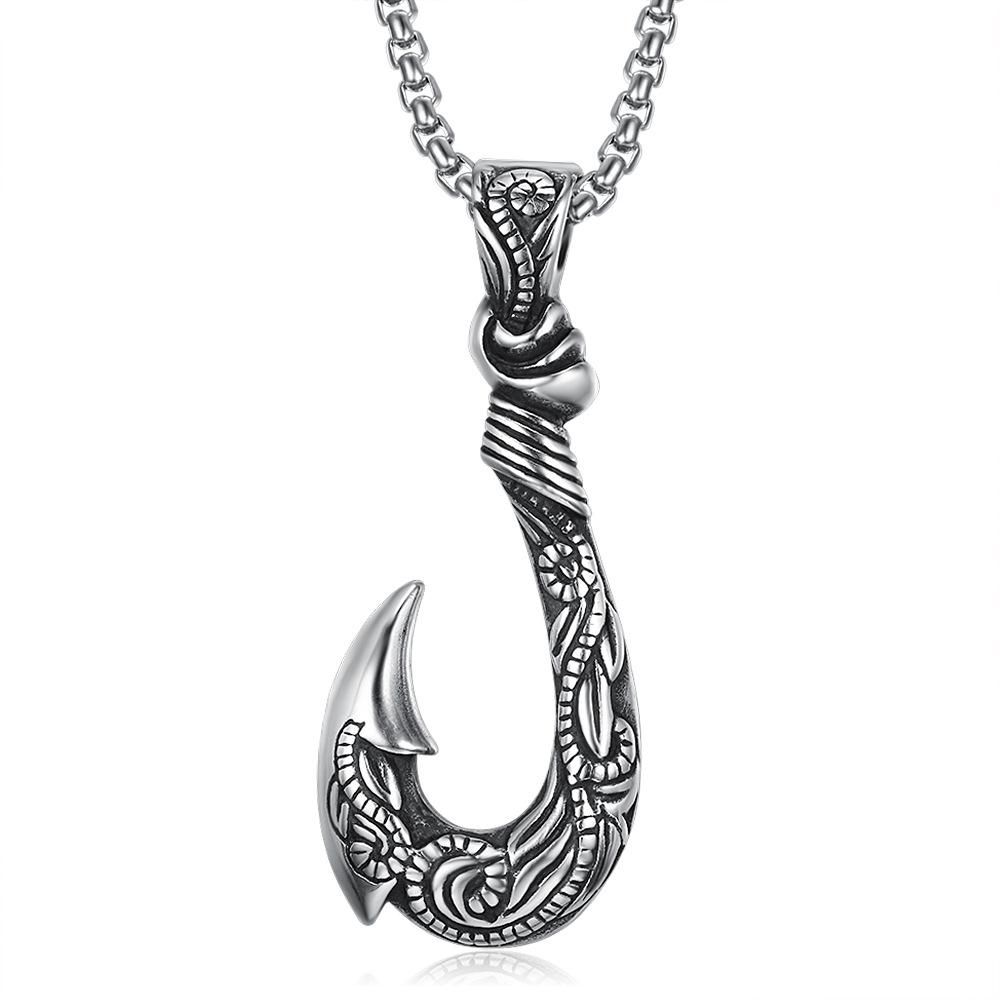 Vintage Stainless Steel Fishhook Pendant Mens Necklace Ocean Style Jewelry