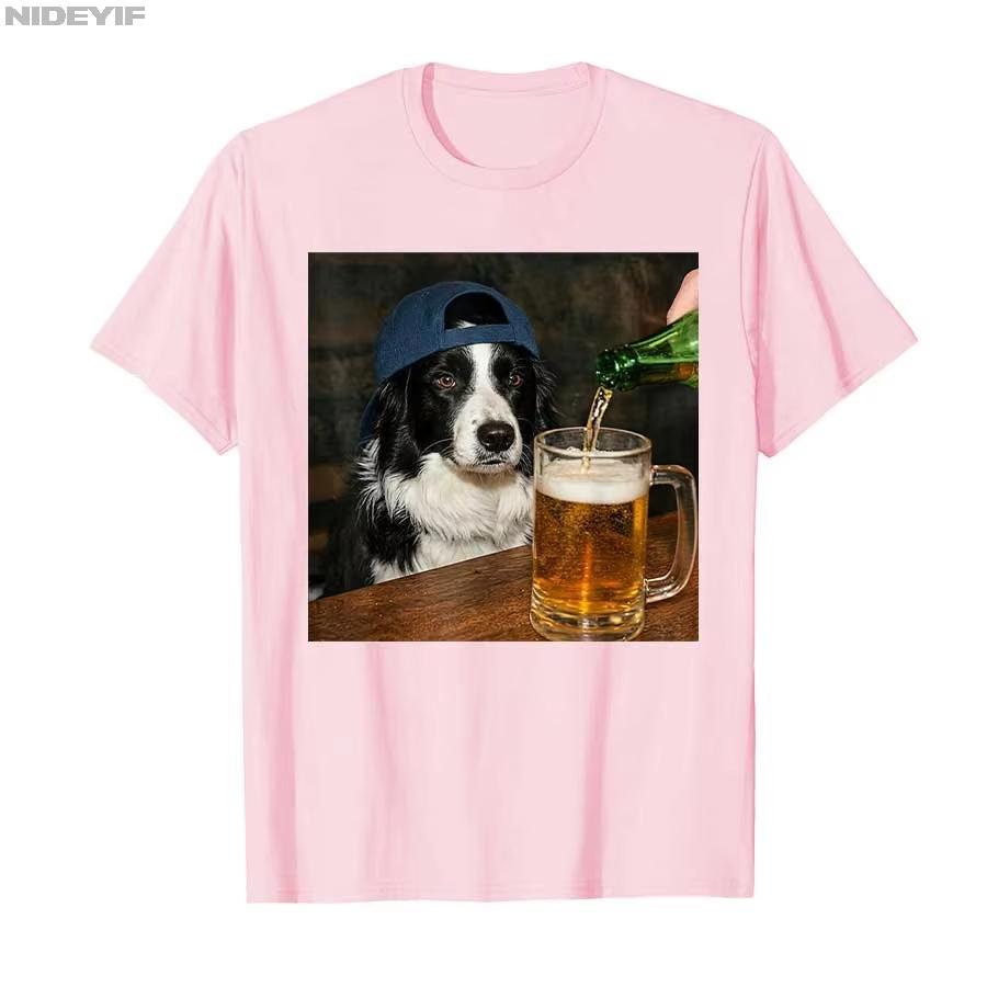 Border Collie Drinking Beer Funny Dog Meme Tshirt for Unisex Women Cotton T Shirts Short Sleeve Tops P