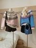 Women's Korean Retro Knit Sweater: Pink Diamond Patchwork Round Neck Jacquard Pullover for Autumn/Winter.