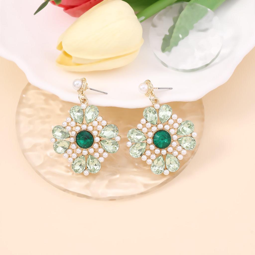 Bohemian style diamond-set rice beads colored four-leaf clover floral flower earrings, temperament imitation pearl earrings