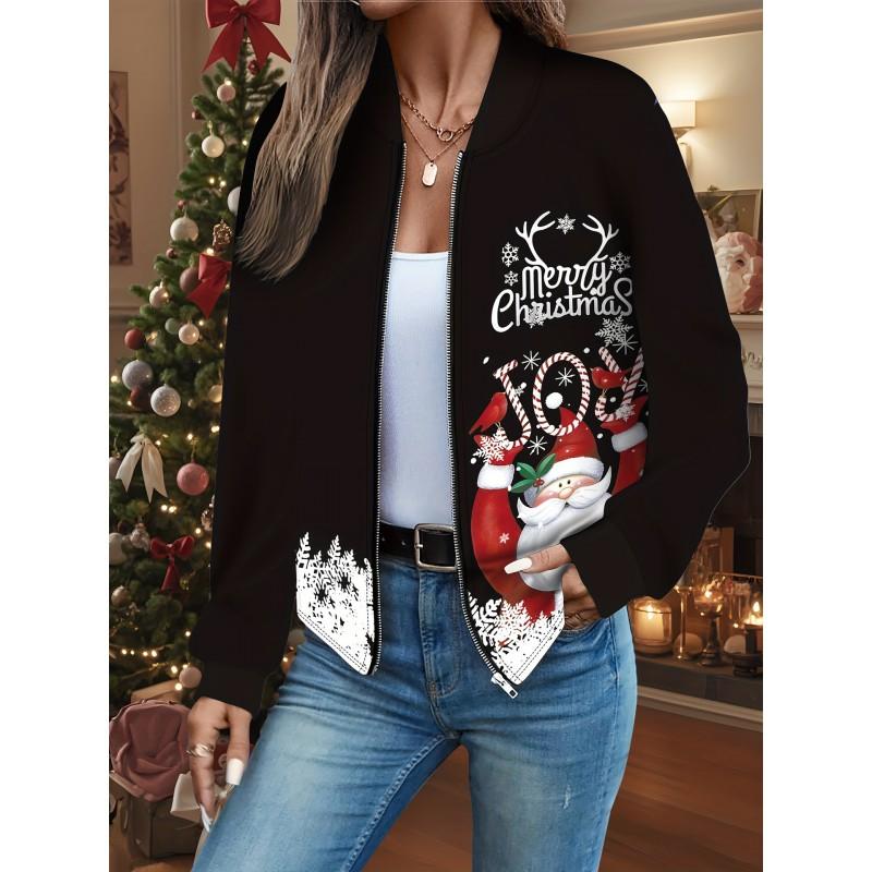 Womens Casual Zip-Up Jacket With 3D Letter Print Fashion Lightweight Outerwear Daily Wear