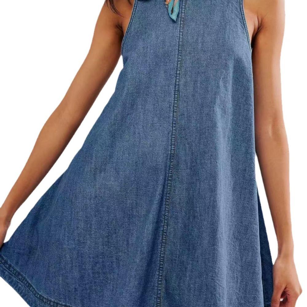 Trendy Women's Sleeveless A-line Dress Denim Skirt Loose Fit Slimming Round Neck Tank Dress, Casual Vintage Summer Dress for Daily Wear & Vacations