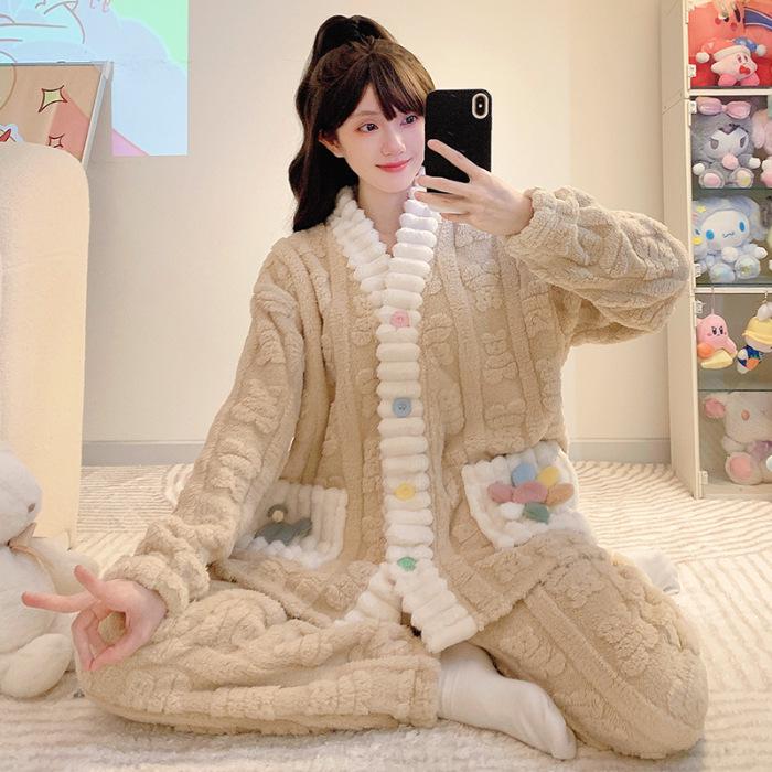 Women’s Winter Coral Fleece Pajama Set - Long Sleeve Flannel Cardigan, Thick Warm Plus Size Home Wear