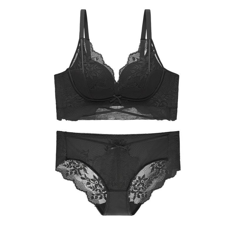 Less sexy lace, no steel rim, small breasts show big upper support, gather anti-sagging bra set