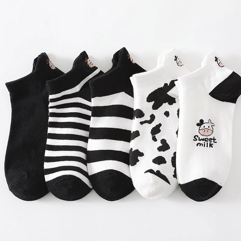 5 Pairs Happy Face Crew Socks , Cartoon Cat Breathable Cotton Mid Tube Socks, Women'S Stockings & Hosiery