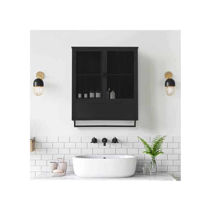 Armoire contemporaine à double porte vitrée, largeur 60 cm, avec étagères ouvertes et porte-serviettes, finition noire.