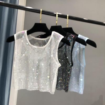 Europäisches Netz-Strass-Racerback-Top – Glänzender Cut-out Cropped Layer