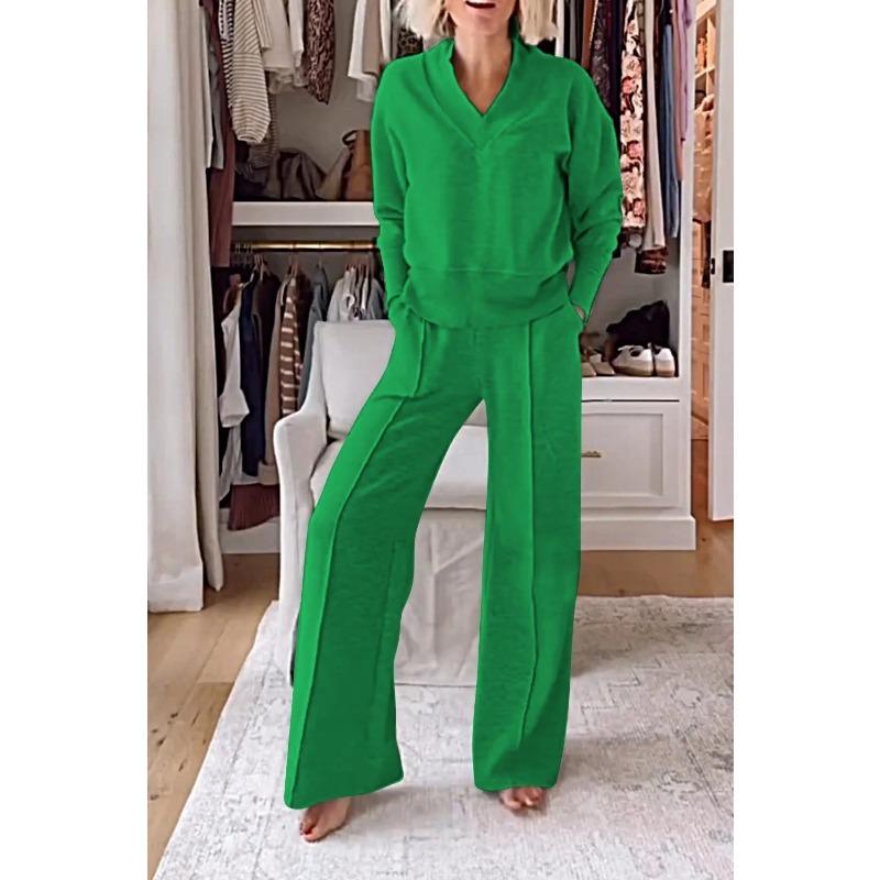 Autumn New Casual V-neck Long-sleeved Loose Top Wide-leg Pants Two-piece Set