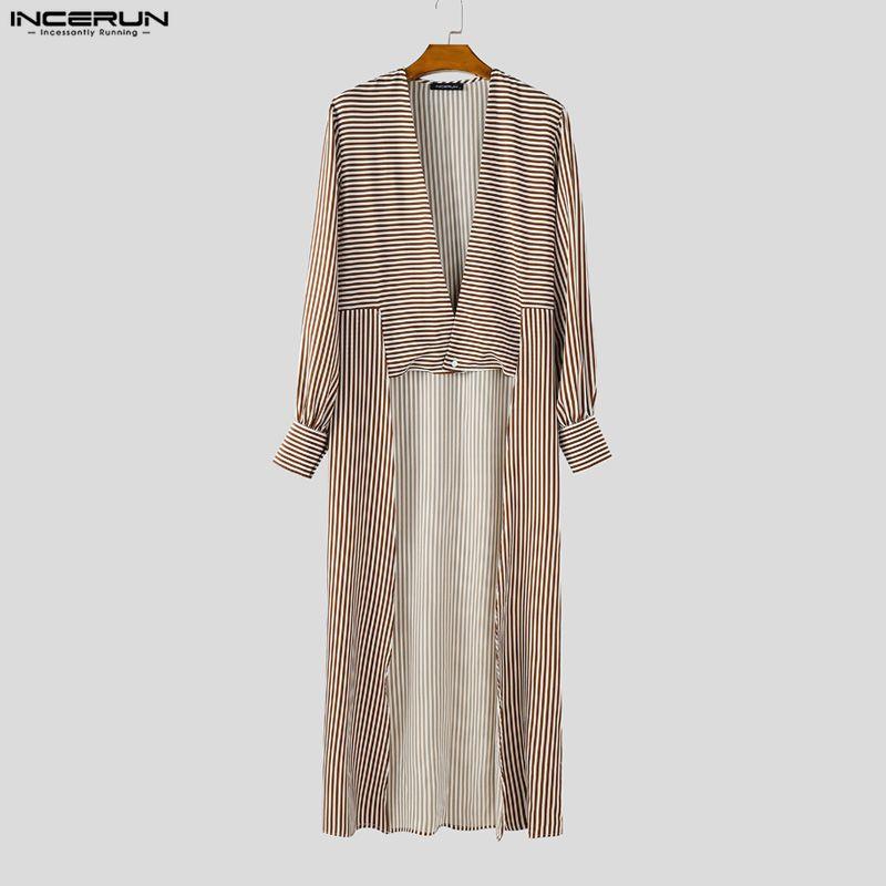 INCERUN Spring Men Neck Long Sleeve Striped Irregular Casual Long Cardigan Shirts Tops
