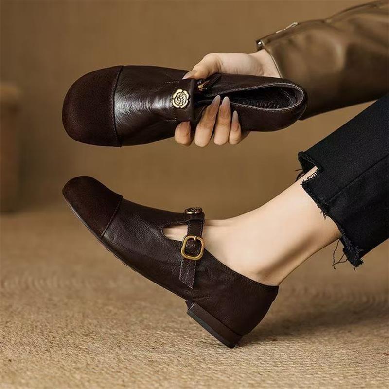 French camellia Mary Jane shoes 2025 autumn new flat bottom shallow mouth single shoes versatile round head with skirt small leather shoes
