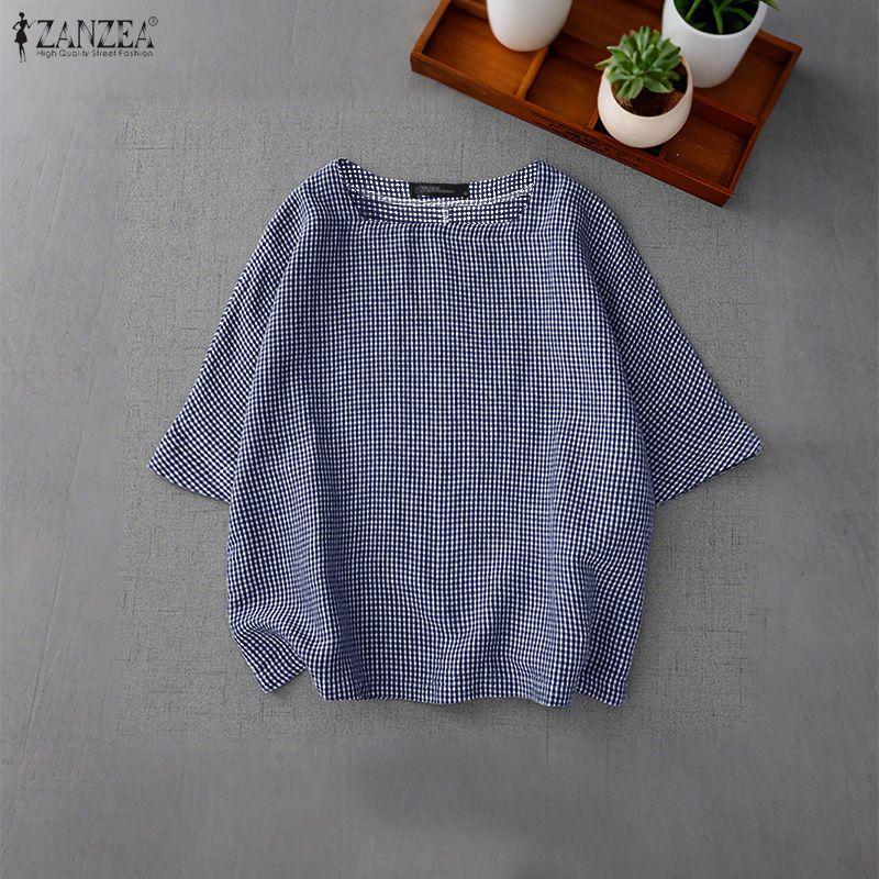 ZANZEA Women Casual Square Collar Half Sleeve Plaid Print Blouse Tops