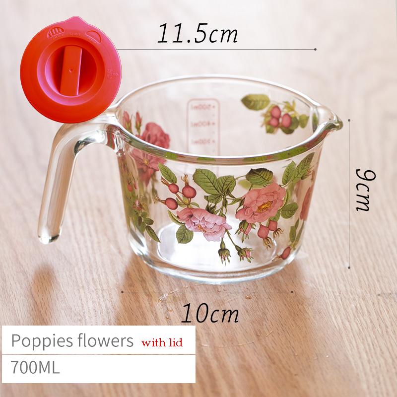 Retro Flower Measuring Cup with Lid Glass Milk Juice Cup with Scale Measuring Jars Household Kitchen Gadgets Baking Cooking Tool