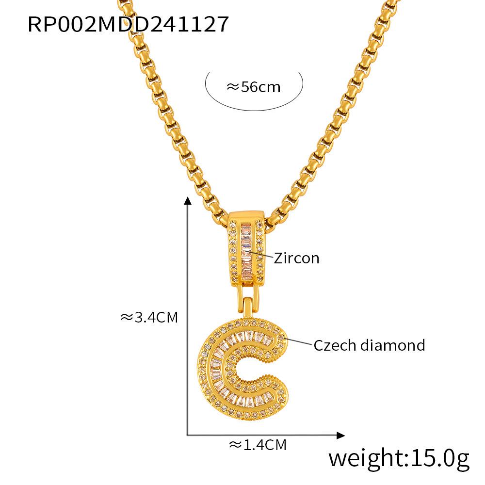 Minimalist Letter Inlaid Diamond Copper Pendant Necklace with Long Box Chain in Gold-Plated Titanium Steel