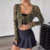 Spring Elegant Women's Transparent Mesh Flocking Front Tie Long Sleeve Top Versatile Closet Essential Fashion Items Shirt