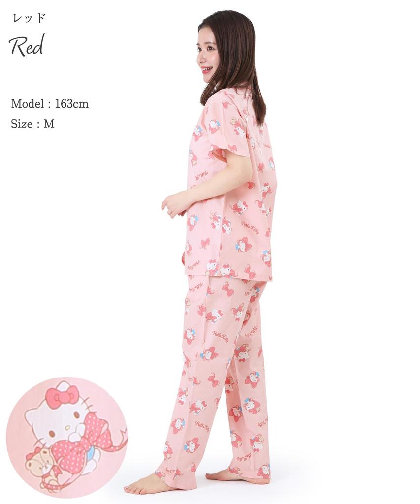 Hello Kitty Shirt Pyjama Breitband Baumwolle Kurzarm Lange Hose Oberteil und Unterteil Set Room Wear Loungewear Ribbon Ribbon Hello Kitty [SAZAC] 100%