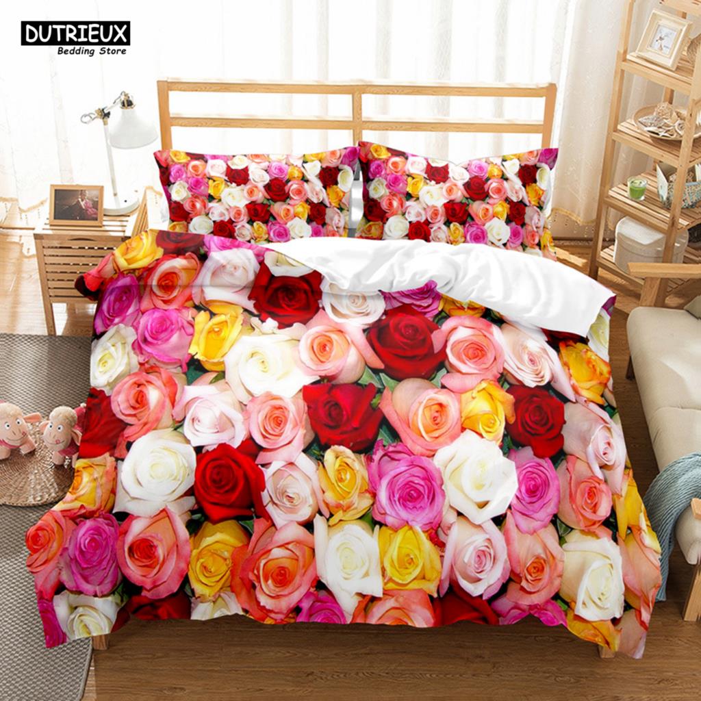 Roupa de Cama Estampada Flor de Amor 3D Conjuntos de Roupa de Cama de Poliéster Cobertores para Crianças Meninos Roupa de Cama para Adolescentes Conjunto de Roupa de Cama Tamanho King