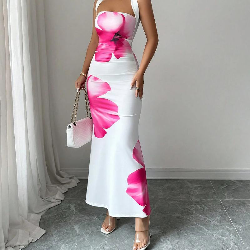 Elegante abito lungo da donna con stampa floreale da appendere al collo, vestibilità aderente che abbraccia i fianchi, abito a coda di pesce per le vacanze estive