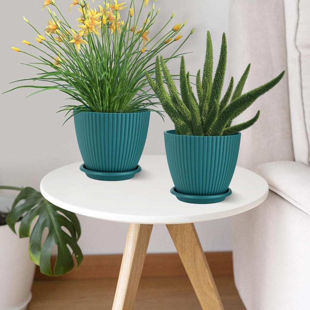Plastic Round Flower Pots with Tray for Home Planters, Terrace, Garden Etc | Pack of 05 | Peacock | Size 6.5 Inch | for Home Indoor & Outdoor