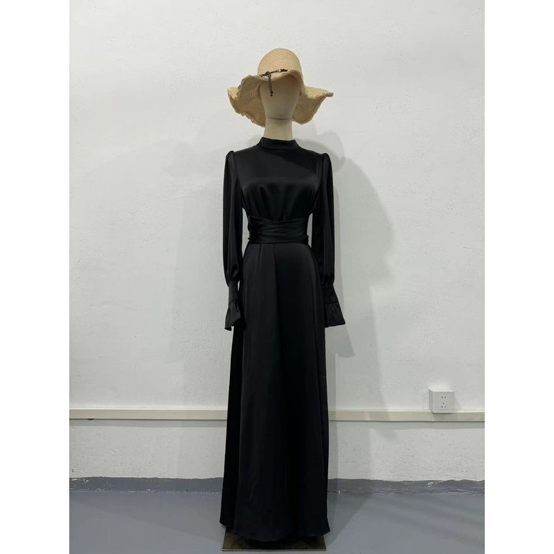 Waist Up Dress2024 Spring and Autumn European and American Women Clothes Satin Long Sleeve Temperament Elegant Waist Hugging Big Hemline Dress