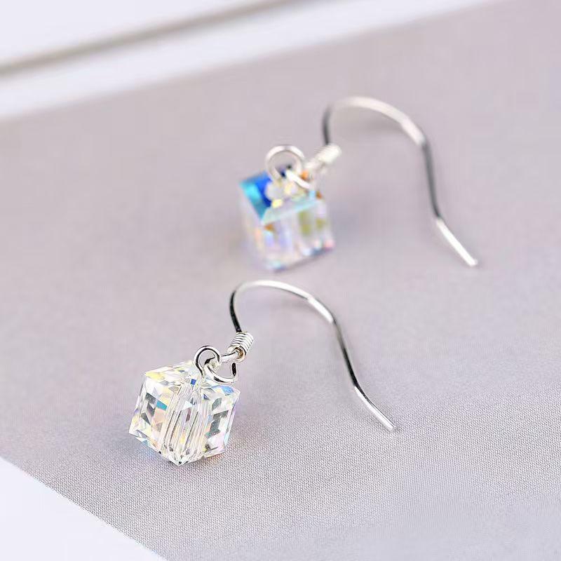 Iridescent AB Aurora Borealis Square Faceted Crystal Charm Drop Earrings Silver Wire Hook Dainty Casual Ladies Accessories