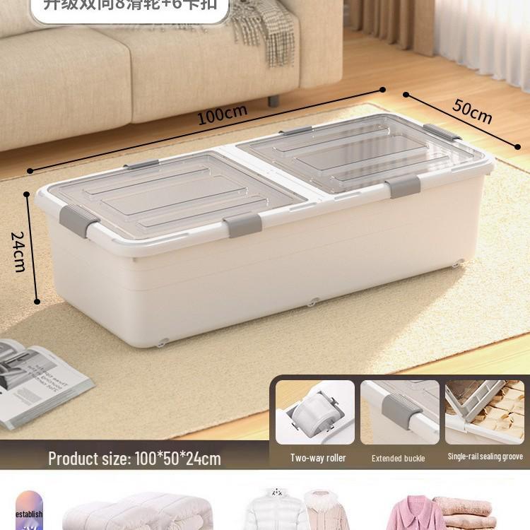 Transparent Underbed Storage Box with Wheels for Clothes and Quilts