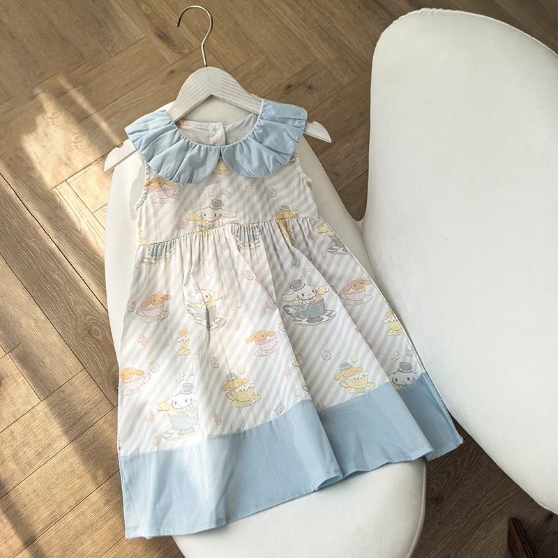 Summer Girls Sleeveless Dress Block Cartoon Puppy Peter Pan Collar Cute Baby Cotton Outfit 90cm