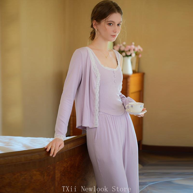 Französischer Stil Camisole Pyjama Damen Dreiteiliges Set für Frühling und Sommer, Zarte und Romantische Strickjacke, Locker sitzendes Set