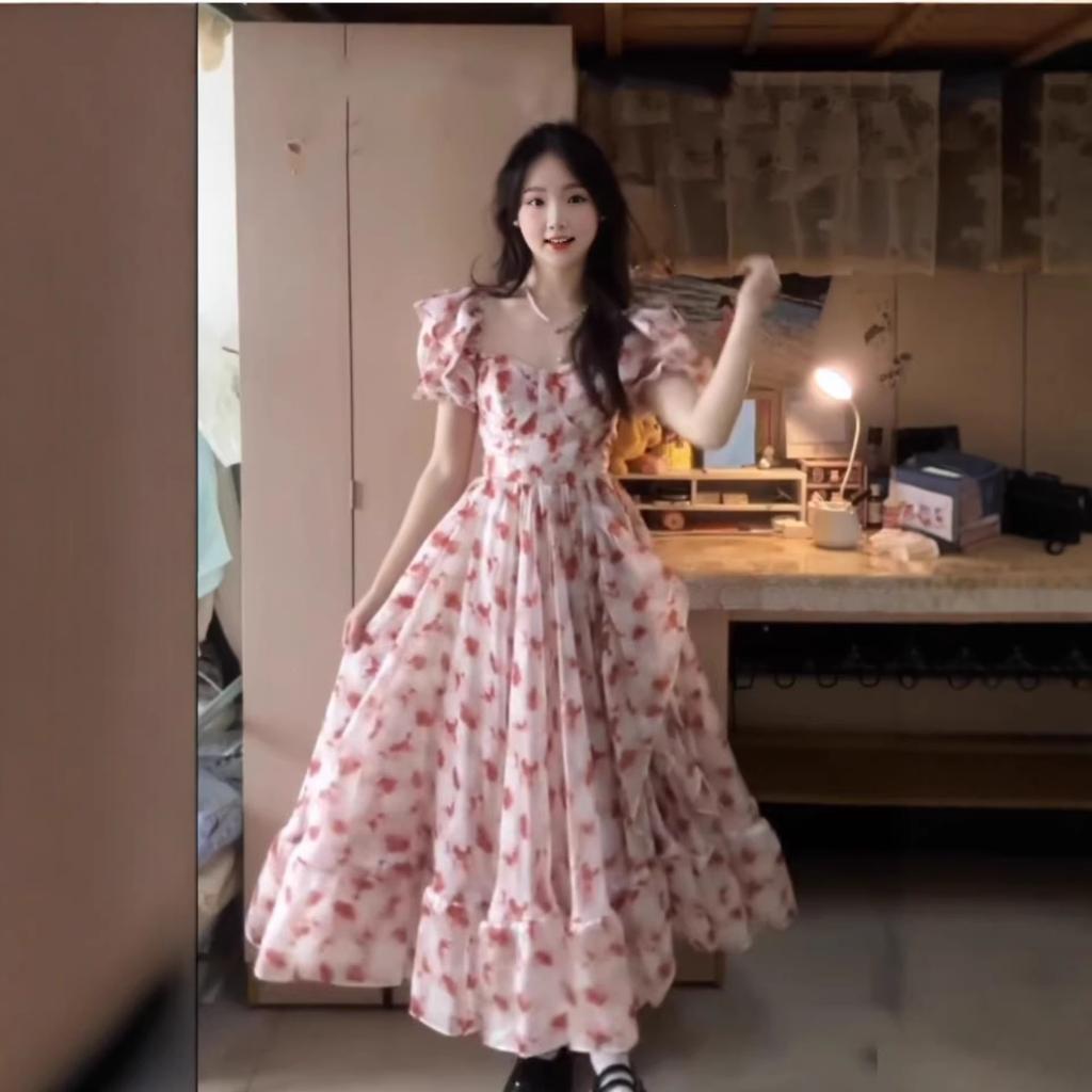 French sweet floral off-the-shoulder square collar dress for women's summer 2026 new gentle temperament medium and long princess dress