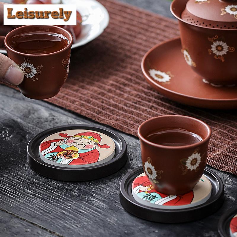 Chinesischer Stil Fulu Reichtumsgott Wasserabsorbierende Untersetzer Boutique Matten für Kaffeetassen Hitzeschutz-Tischsets Teegeschirr Verzierungen
