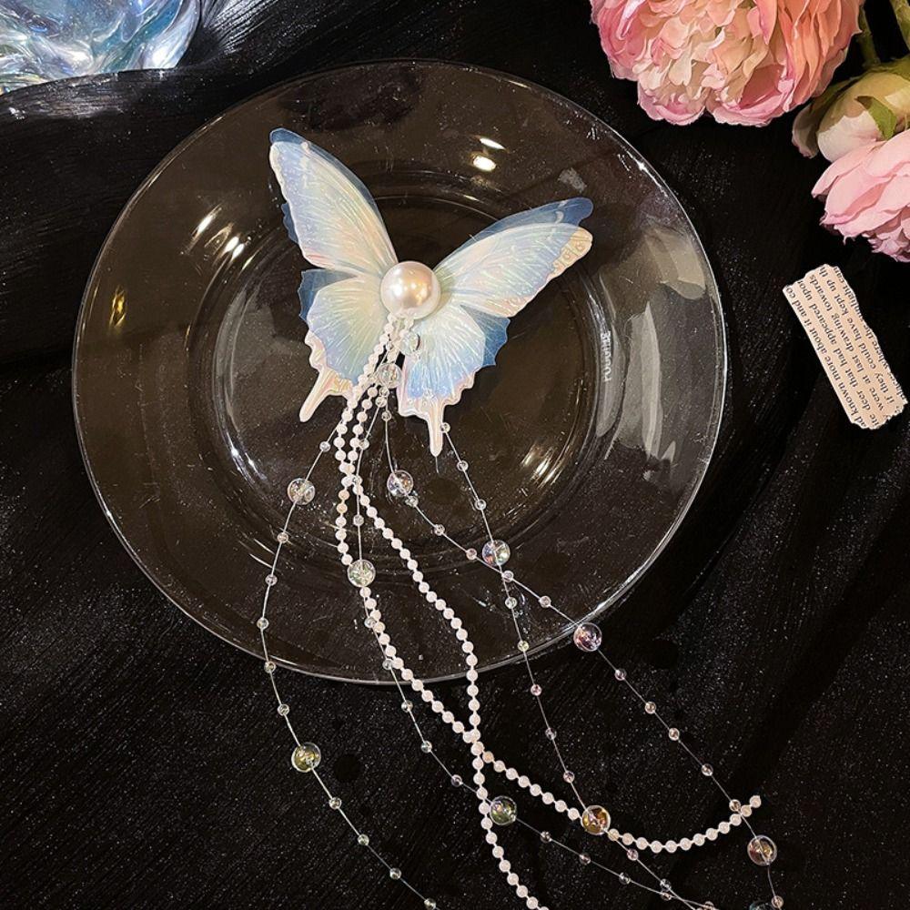 Mesh Tassel Duckbill Clip Imitation Pearl Butterfly Hair Clip Fresh Butterfly Hairpin Girl