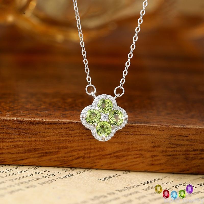 S925 Sterling Silver Natural Stone Clover Necklace Women's Simple Niche Design Heavy Industry Clavicle Chain