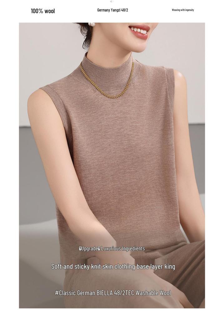 Women's Sleeveless Fine Knit Wool Sweater - Versatile High Collar Spring/Autumn Knitwear