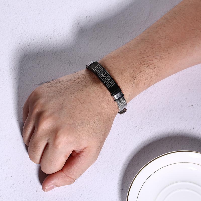 English German Korean French Bible Bracelet for Men Boys,Wateproof Stainless Steel Prayer Bracelet,Male Jewelry Gift