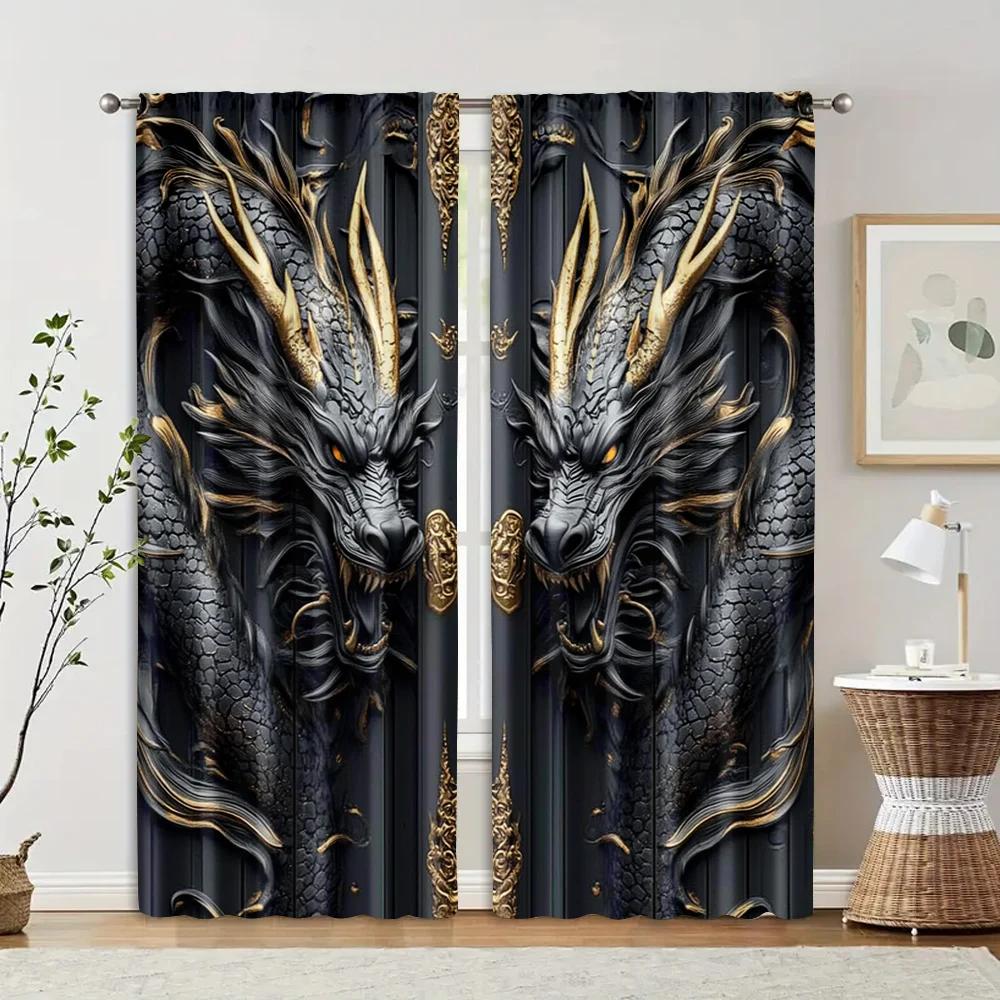 2pcs   Light Filtering Curtains  print Vintage Dragon Totem Black and Golden Versatile Durable Polyester (without rod) Stuff