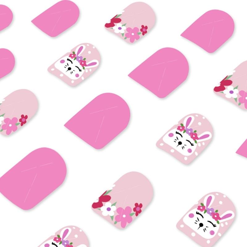 24 Stück Oster-Themen Kurze Quadratische Falsche Nägel mit Hasen- und Blumenmustern Vollständige Abdeckung Glänzende Acryl-Klebenägel