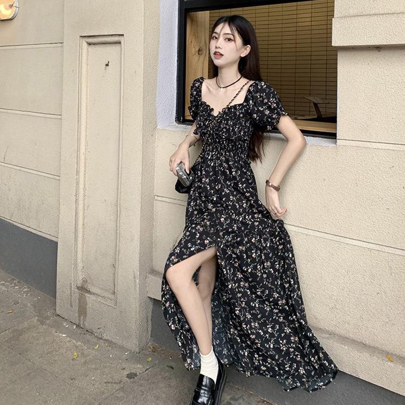 French Square Neck Floral Dress Women's Summer New Spice Girl Waist Medium and Long Split A-shaped Skirt